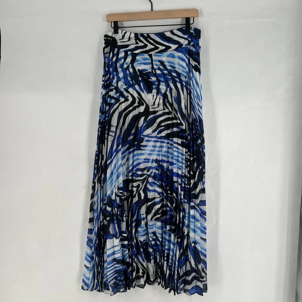 Black Label by Chico's Maxi‎ Skirt Womens M Blue White Zebra Print Lined Pleated
